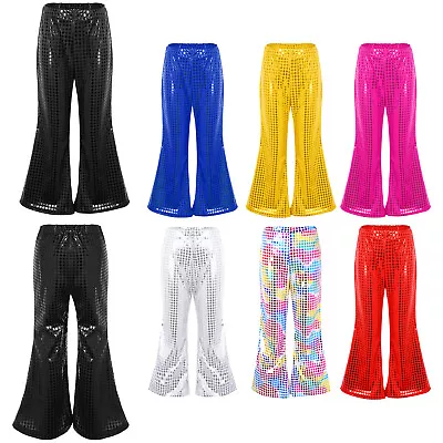 Girls Boys Glitter Sequins Dance Pants Jazz Latin Bell-Bottom Flared Trousers • £9.19