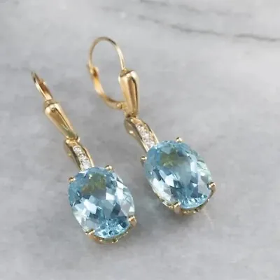 £8.99 • Buy ❤️Vintage Earrings 9ct Gold On Silver ❤️ Aquamarine Diamond Drop 40 Mm Gift ❤️
