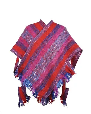 MANOS DEL URUGUAY Cape Multicolour Striped Virgin Wool Fringe Hem Womens Poncho • £63.95