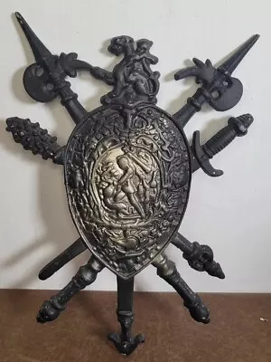 Cast Metal Shield Coat Of Arms Swords Axes Dragon Perseus Vs Medusa Wall Hanging • $59