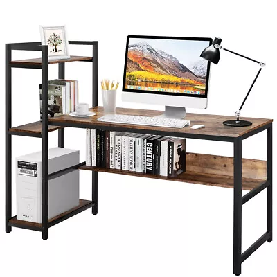 59  Computer Desk Home Office Workstation 4-Tier Storage Shelves Rustic Brown • $99.99