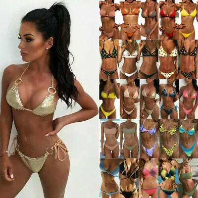 Womens Sexy Brazilian Padded Bra Bikini Set Bandage Thongs Beachwear Swimsuits • £9.23