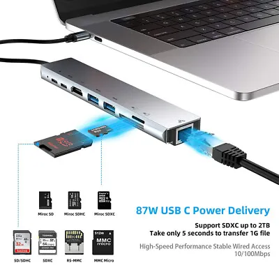 £15.99 • Buy 8-in-1 USB-C Hub Type-C HDMI RJ45 Multiport Card Reader Adapter For MacBook Pro