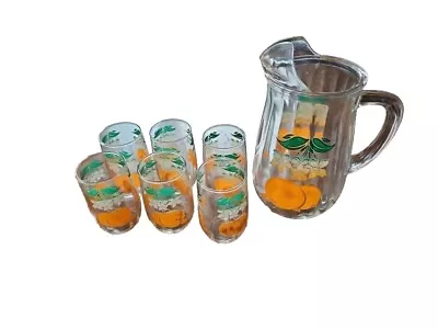 Vtg-MCM Anchor Hockin Orange Juice Pitcher And Set  Of 6 Glasses • $45