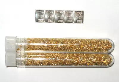 💎 5 X 1 Gram 999 Silver Valcambi Suisse Bars + 2 Large Vials Of Gold Flakes! • $22.75