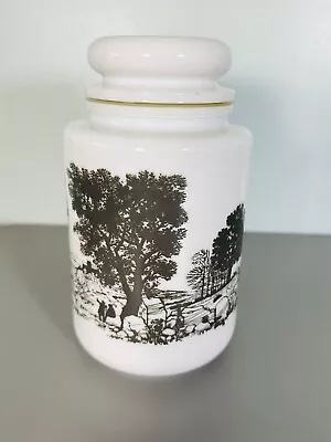 Vintage Retro White Milk Glass Countryside Scene Storage Jar Cannister 18.5cm H • £14.95