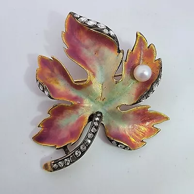 Antique Art Nouveau 18K Yellow Gold Rose Diamond Enamel Maple Leaf Brooch Pin • $2495