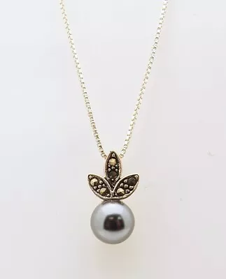 Sterling Silver Black Pearl And Marcasite Pendant Necklace • $15.99