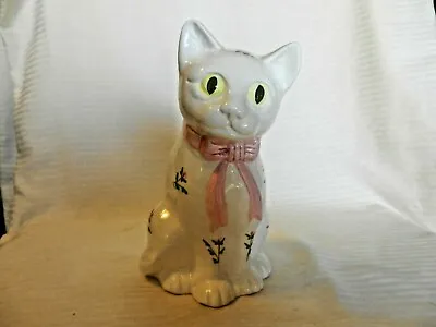 White Ceramic Smiling Cat Figurine Country Rose Hand Painted By Mann 1982 • $37.50