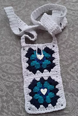 Hand Crochet Crossbody Mobile Phone Water Bottle Carrier White And Blues Unlined • £7.45
