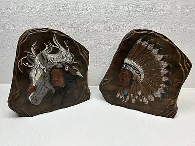 Native American Girl With Horse & Indian Chief Ceramic Rocks Decor Hand Painted • $16.50