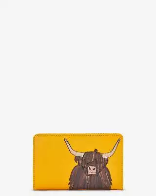 Yoshi Mustard Yellow Leather Scottish Highland Cow Coo RFID Protection Zip Round • £29.95