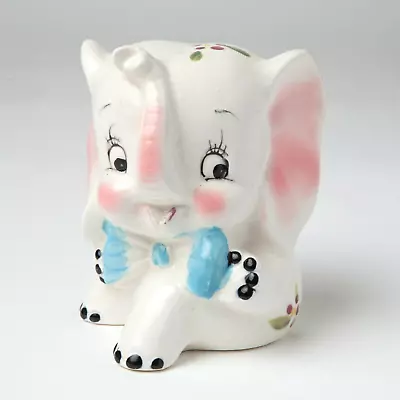 Vintage Ceramic Elephant Coin Piggy Bank Cute Kitsch Happy Baby Elephant Bow Tie • $25