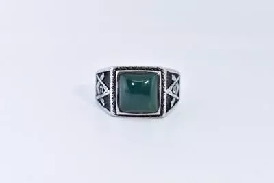 Vintage Stainless Steel Genuine Green Chrysoprase 8.5 Men's Free Mason Ring • $44