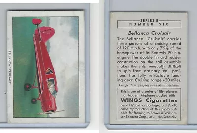 T87 Wings Cigarettes Series B 1941 #6 Bellanca Cruisair Airplane • $5.11