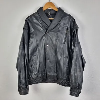 Vintage Leather Bomber Jacket Mens Medium Black Biker Casual Collared Metal Rock • $36.99