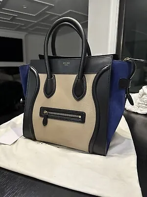 Authentic Celine Mini Luggage Tri-Color Blue/Beige/Black Leather Tote Bag • $1250