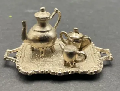 Vintage Pewter Dollhouse Miniature Tea Set Teapot Creamer Sugar Tray 4 Pieces • $22