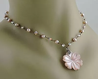 Vintage Necklace Rope/chain Sterling Silver Pink Pearl Flower Glass Beads • $49