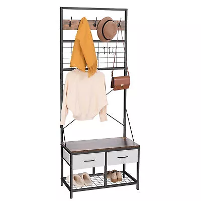 $56.99 • Buy Hall Tree Entryway Bench Shoe Storage Coat Rack Shelves 15 Hooks Rustic Brown