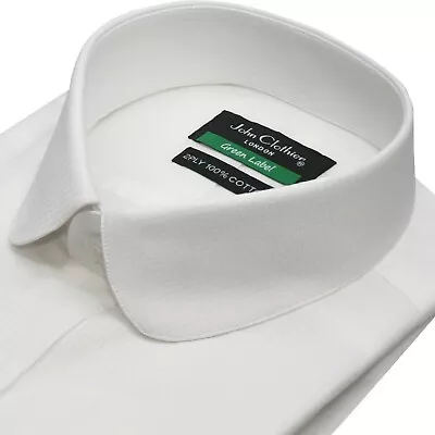 Mens Penny Round Edwardian Collar White Self Checks Dress Shirt 100% Cotton • £38.99