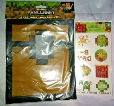 MINECRAFT PARTY FAVOR BAGS 8ct & Tattoos 8ct  (NEW) • $9.99