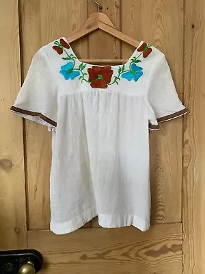 Vintage Cotton Peasant Blouse Cream With Embroidery Details UK 8/10 • £15