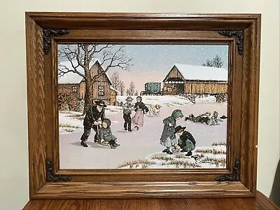 Framed C. Carson Oil Painting Print Country Amish Ice Skating Winter Scene • $25