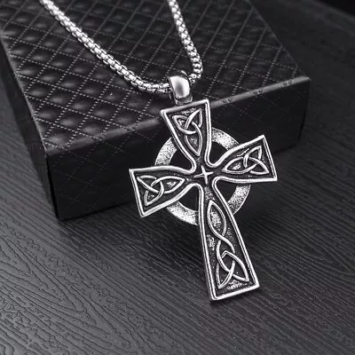 Mens Celtic Trinity Knot Cross Pendant Necklace Religious Jewelry Chain 24  Gift • $8.99