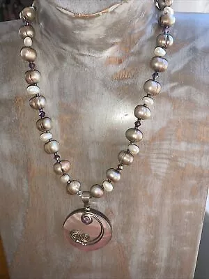 Fresh Water Pearl NECKLACE 16  MOTHER OF PEARL Sterling Overlay Pendant • $24
