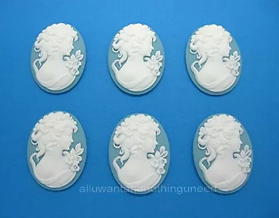 6 White On Baby BLUE Lovely LADY With FLOWERS 25mm X 18mm Costume Jewelry CAMEOS • $2.99