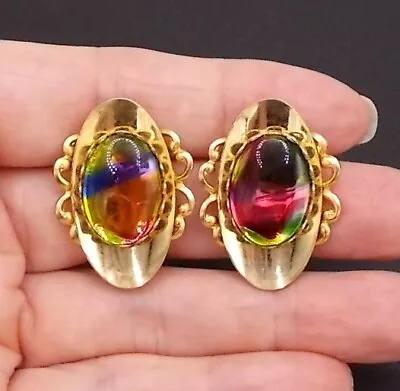 Vintage Watermelon Art Glass Cabochon Gold Clip Earrings On Original Card NOS • $12.99