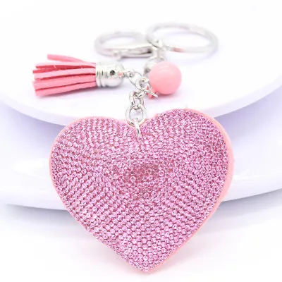 Love Heart Leather Crystal Diamante Rhinestone Bag Charm Handbag Keyring Pendant • £4.99