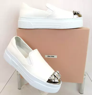 Miu Miu Prada 5s024d White Leather Crystals Metal Cap Toe Platform Loafers 39 • $345