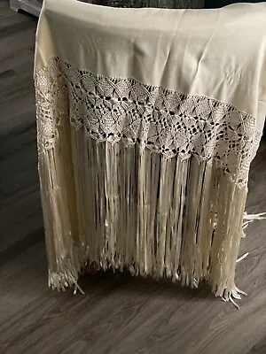 Vintage HUGE Off White Cream Fringe Piano Shawl Scarf • $295