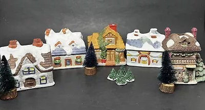 5 Christmas Tea Light Village Houses 2-3” L W/ 7 Trees Vintage • $15.49