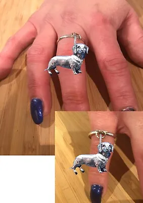 D12 Dachshund Pewter On A Ladies Dangle Charm Ring Handmade Uk Gift • $11.08