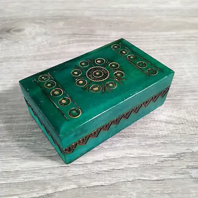 Decorative Small Wooden Green Trinket Gift Box - Carved Stained Painted • $10.95