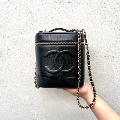 $1688 • Buy Auth CHANEL CC LOGO Vanity Bag Caviar Skin Leather Black Gold Vintage