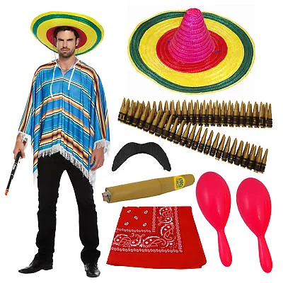 Adult Mexican Fancy Dress Costume Poncho Sombrero Maraca Bullet Stag Do Outfit • £17.95