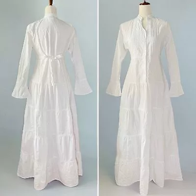 Vintage White Embroidered Cotton Maxi Prairie Dress Long Bell Sleeve Size Small • $75