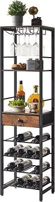 Wine Rack Freestanding Floor Bar Cabinet For Liquor And Glasses 4-Tier Brown • $72.22