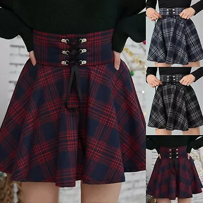 $33.98 • Buy Women Retro Punk Plaid Print Skirt Strap Zipper Pleated Short Mini Skater Skirt