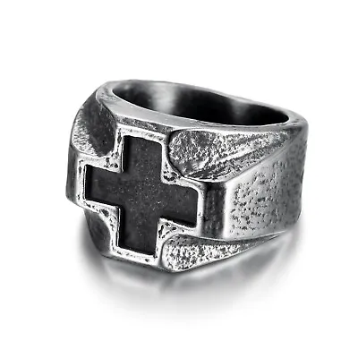 Vintage Chunky Cross Religious Ring Stainless Steel Men's Heavy Biker Ring Gifts • $12.98