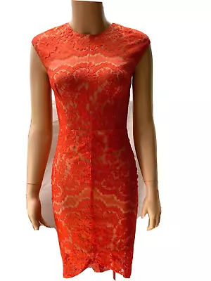 Elle Zeitoune Tangerine Orange Stretch Lace Body Con Dress Size 8 • $25