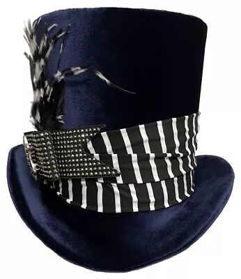 Velvet Top Hat Blue Black White Striped Steampunk Dandy Mad Hatter Wedding • $85