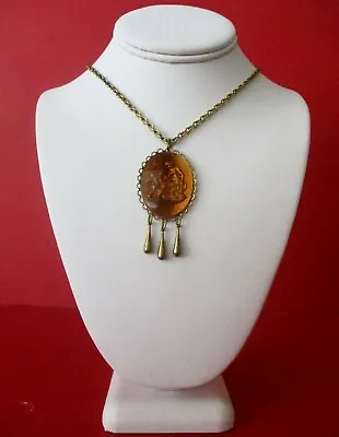 Vintage Citrine-Colored Glass Reverse-Etched  Cameo Necklace/Boho/Shabby Chic • $225