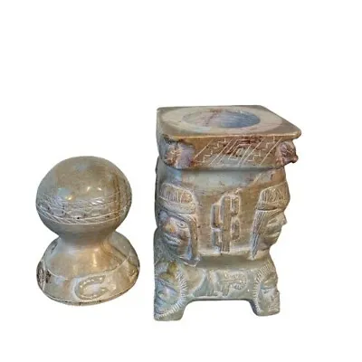 Hand Carved Soapstone Mesoamerican Totem Jar W/ Lid Southwestern Scenes • $175