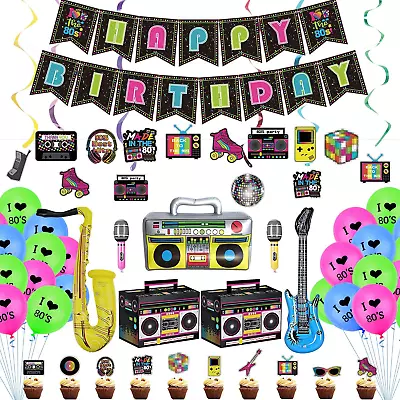 80S Party Decorations Including Happy Birthday Banner Inflatable Boom Box Guitar • $23.36