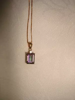 Vtg 14k Gold Emerald Cut Mystic Topaz Diamond Pendant Charm 20  L Box Chain Set • $289.99